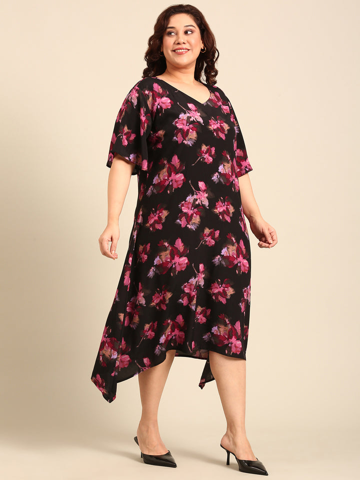 Black Pink Floral Printed A-line Dress And Belt Combo