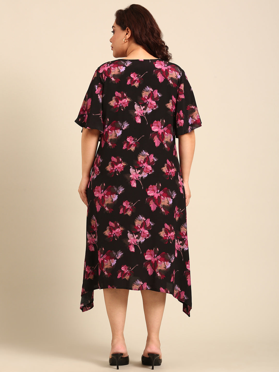 Black Pink Floral Printed A-line Dress And Belt Combo