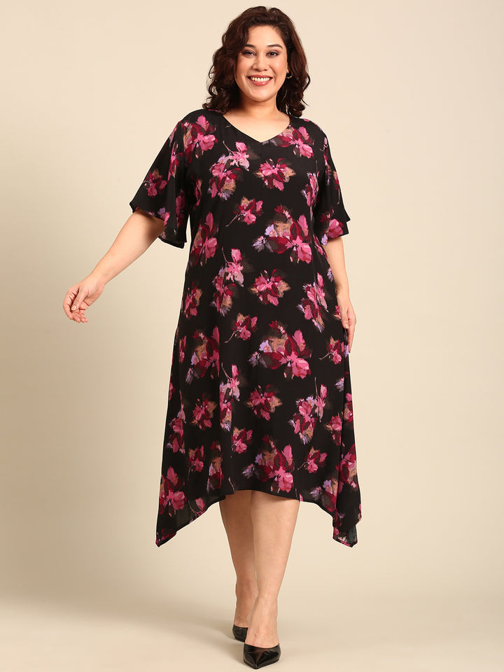 Black Pink Floral Printed A-line Dress And Belt Combo