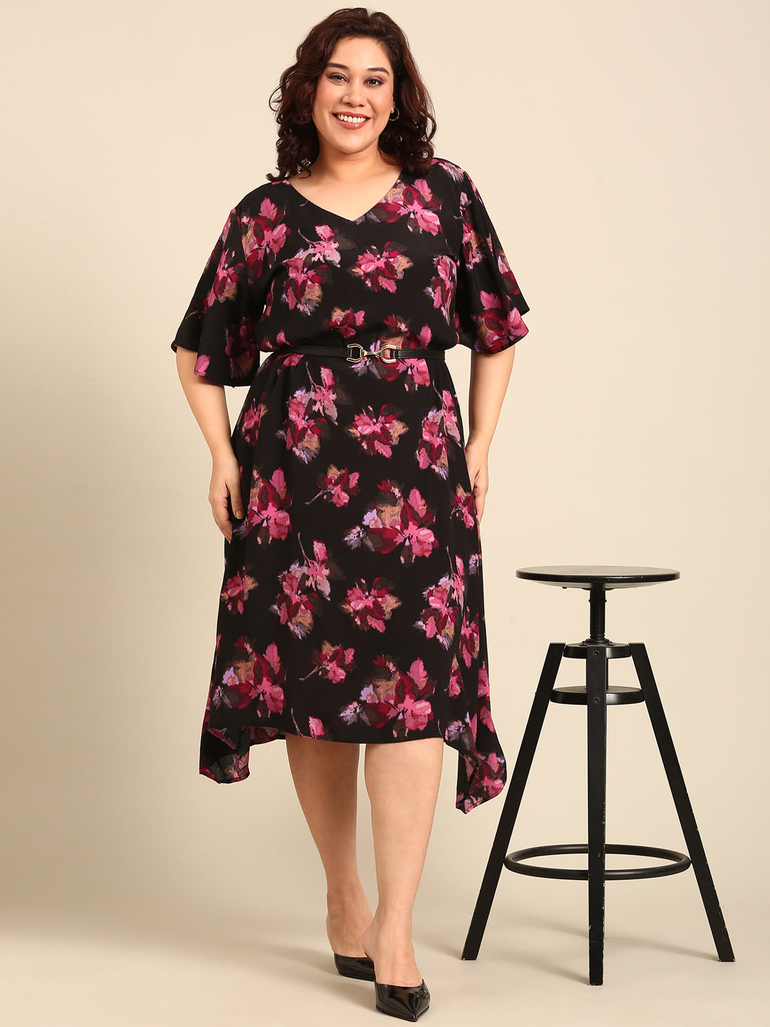 Black Pink Floral Printed A-line Dress And Belt Combo