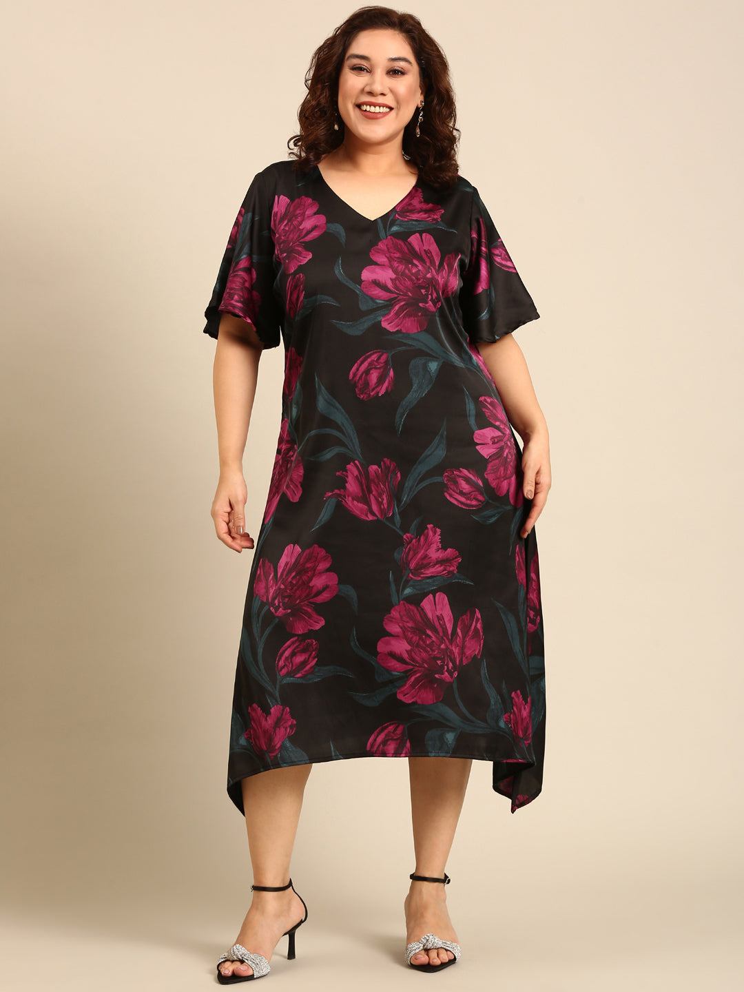 Satin Vibrant Floral Print A-Line Dress