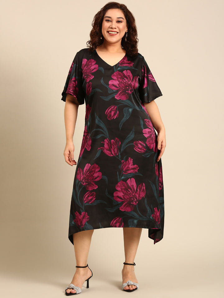 Satin Vibrant Floral Print A-Line Dress