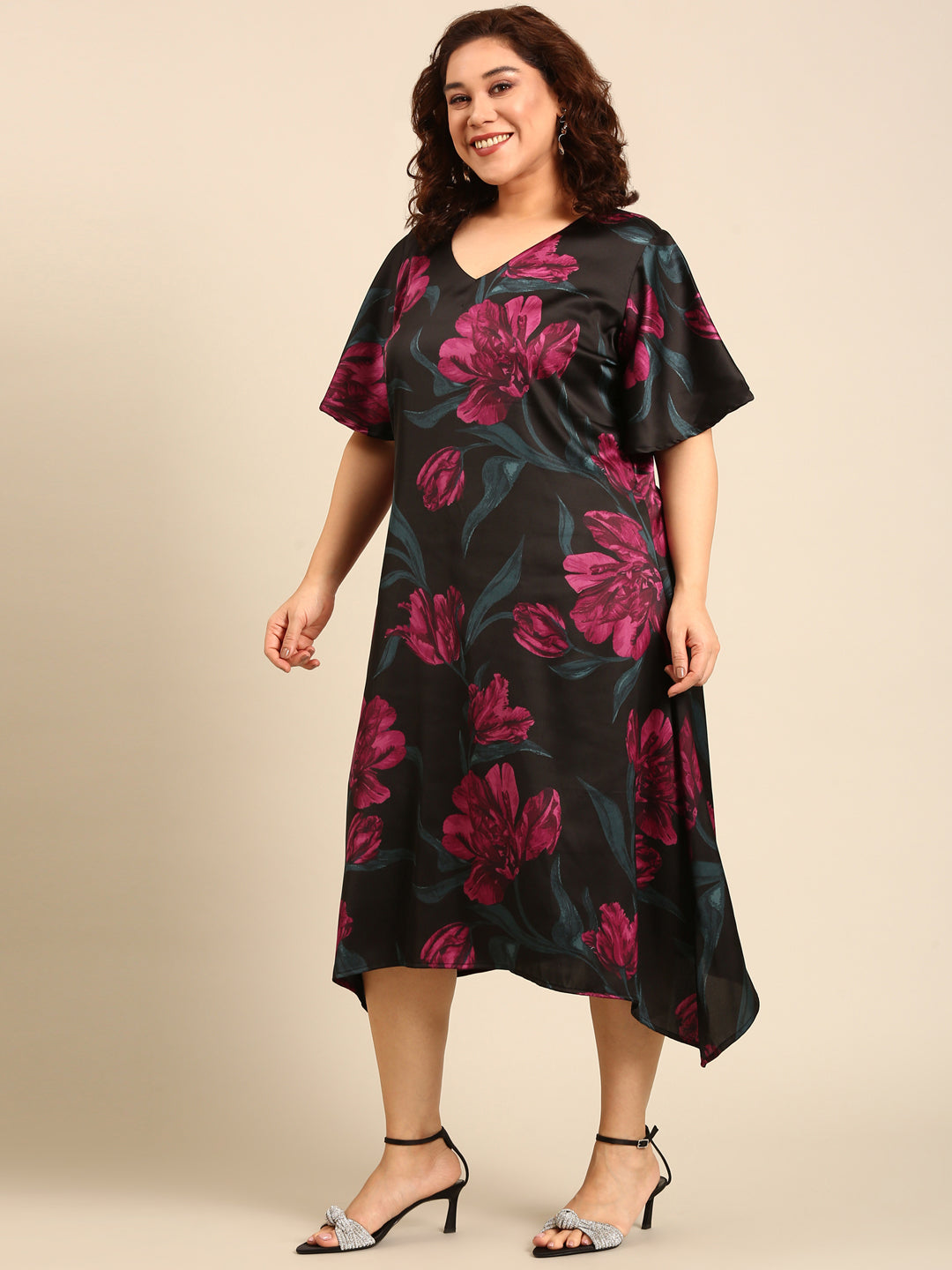 Satin Vibrant Floral Print A-Line Dress