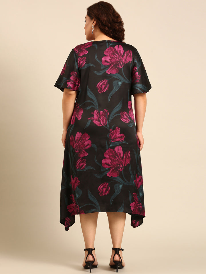 Satin Vibrant Floral Print A-Line Dress