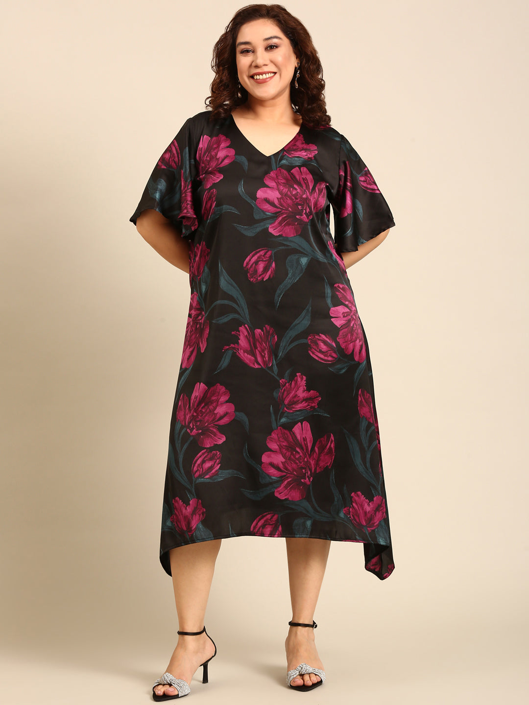 Satin Vibrant Floral Print A-Line Dress