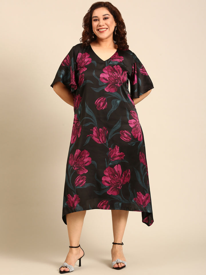 Satin Vibrant Floral Print A-Line Dress