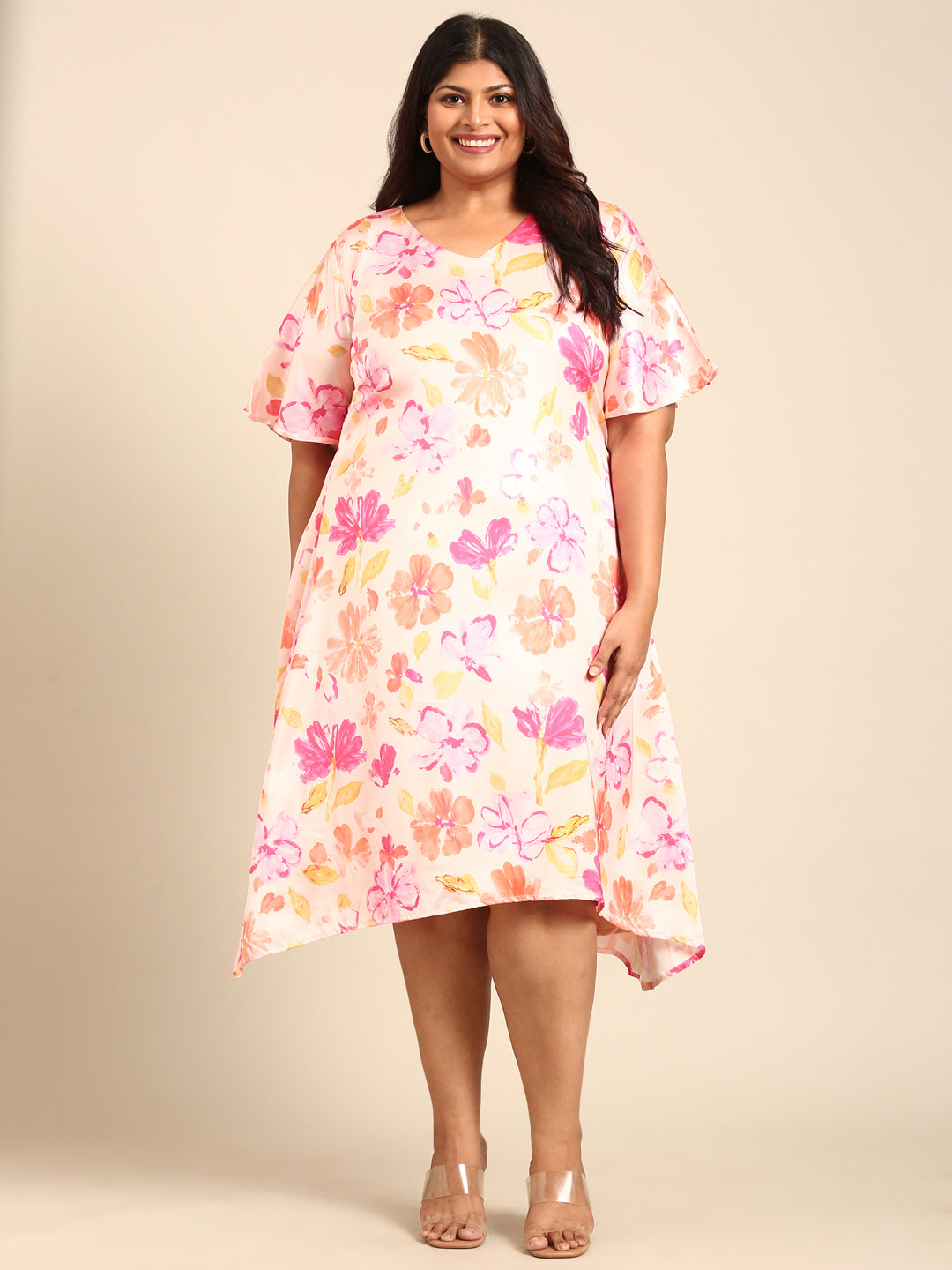 Light Pink Floral A-Line Midi Dress