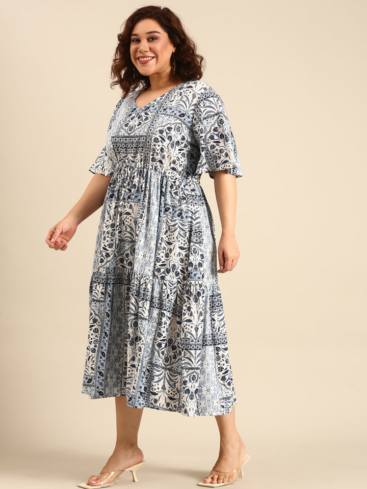 Blue Viscose Printed Dress