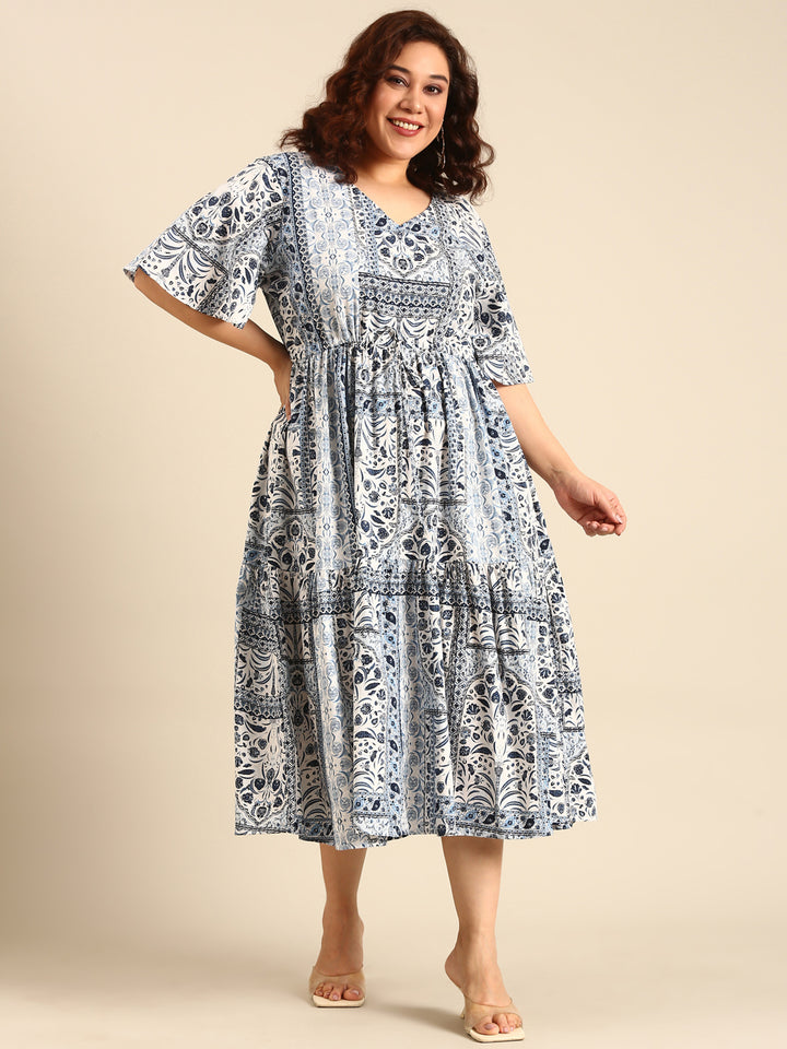 Blue Viscose Printed Dress