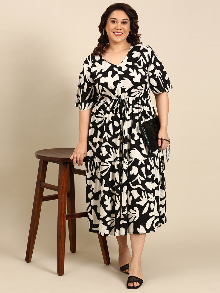 BLACK ANDWHITE CACTUS PRINT MAXI DRESS