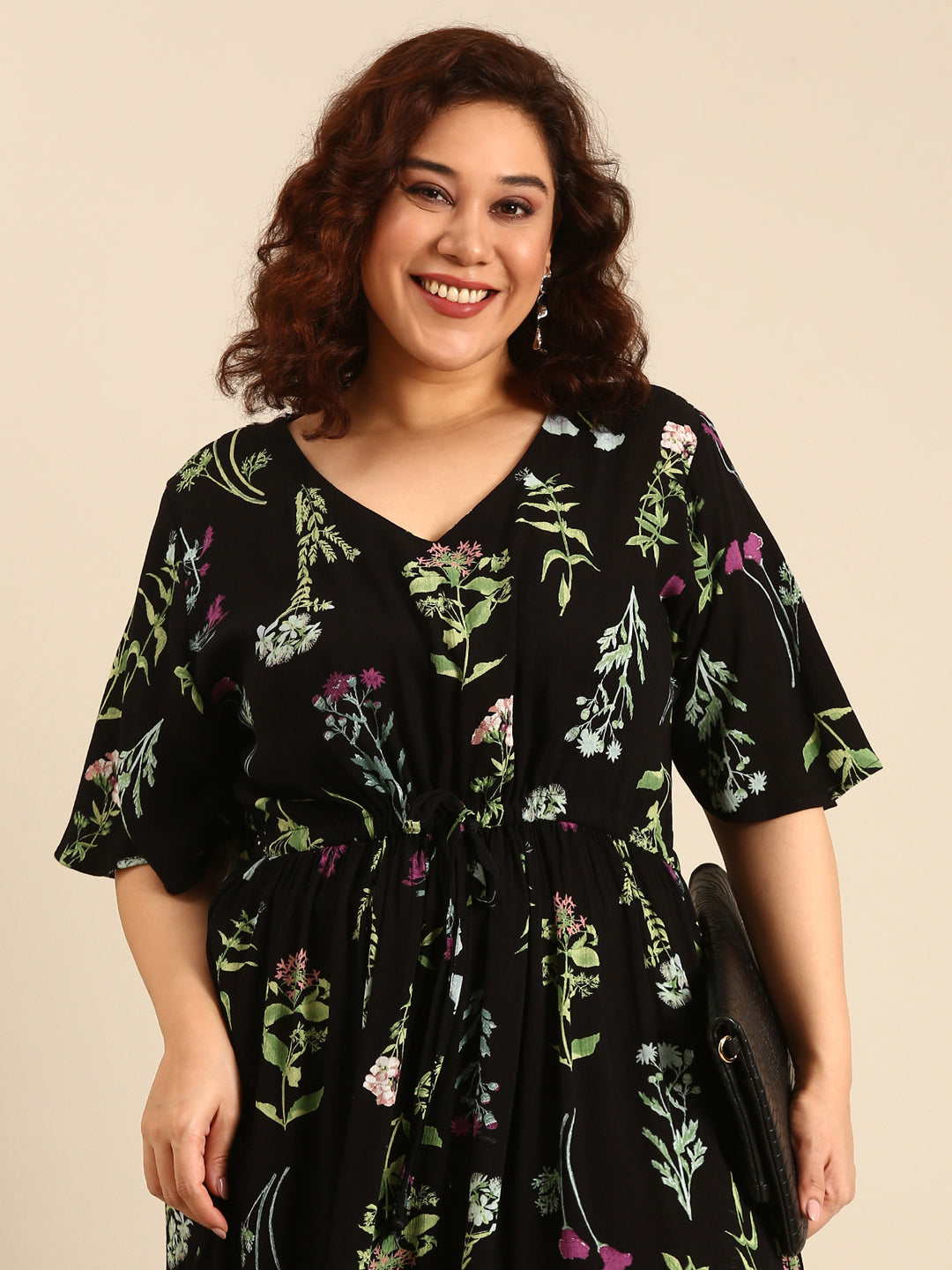 Botanical Print Dress with Waist Tie