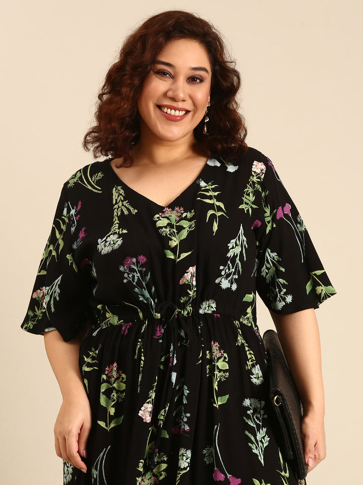 Botanical Print Dress with Waist Tie