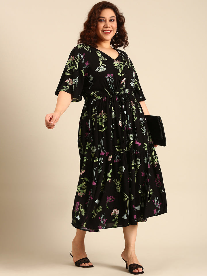 Botanical Print Dress with Waist Tie