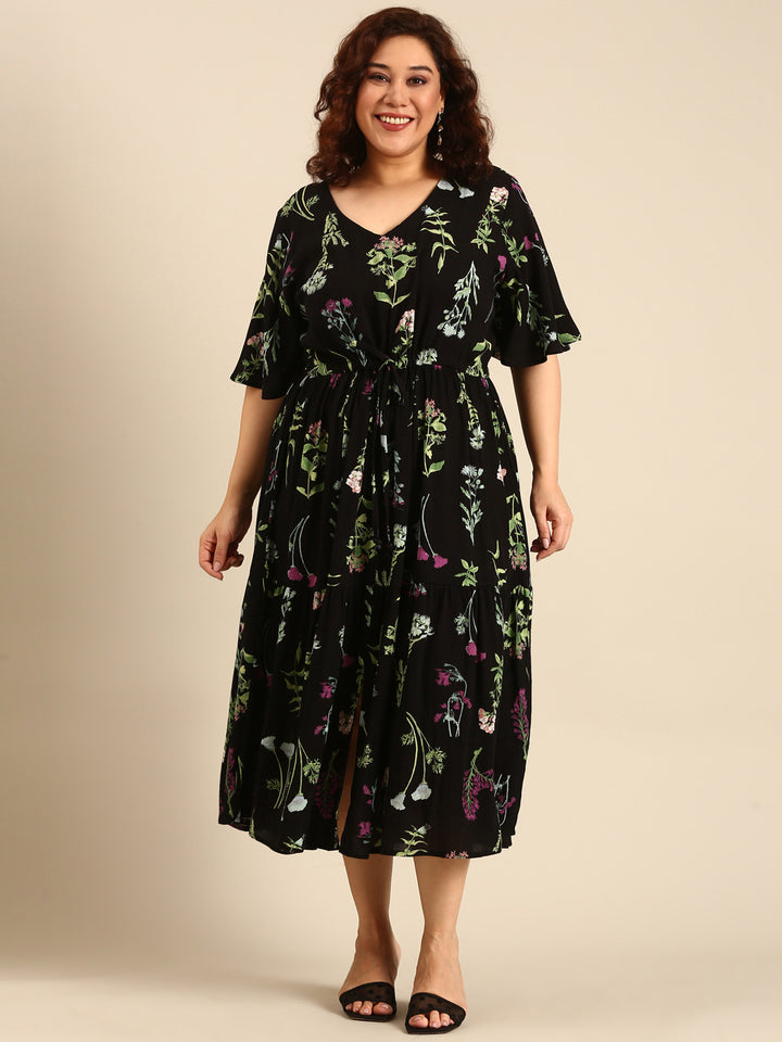 Botanical Print Dress with Waist Tie