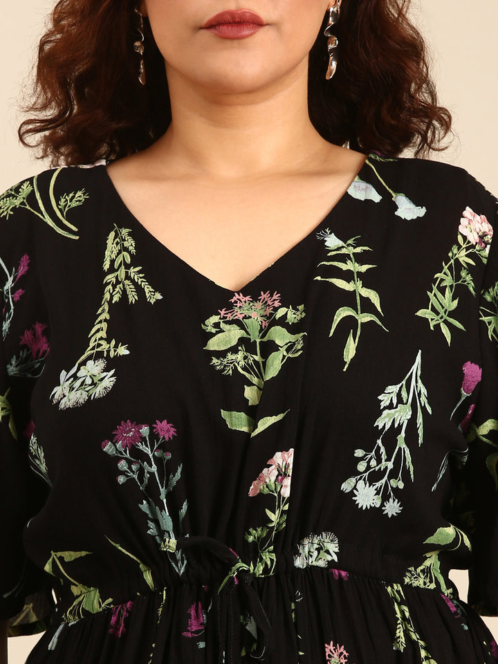 Botanical Print Dress with Waist Tie