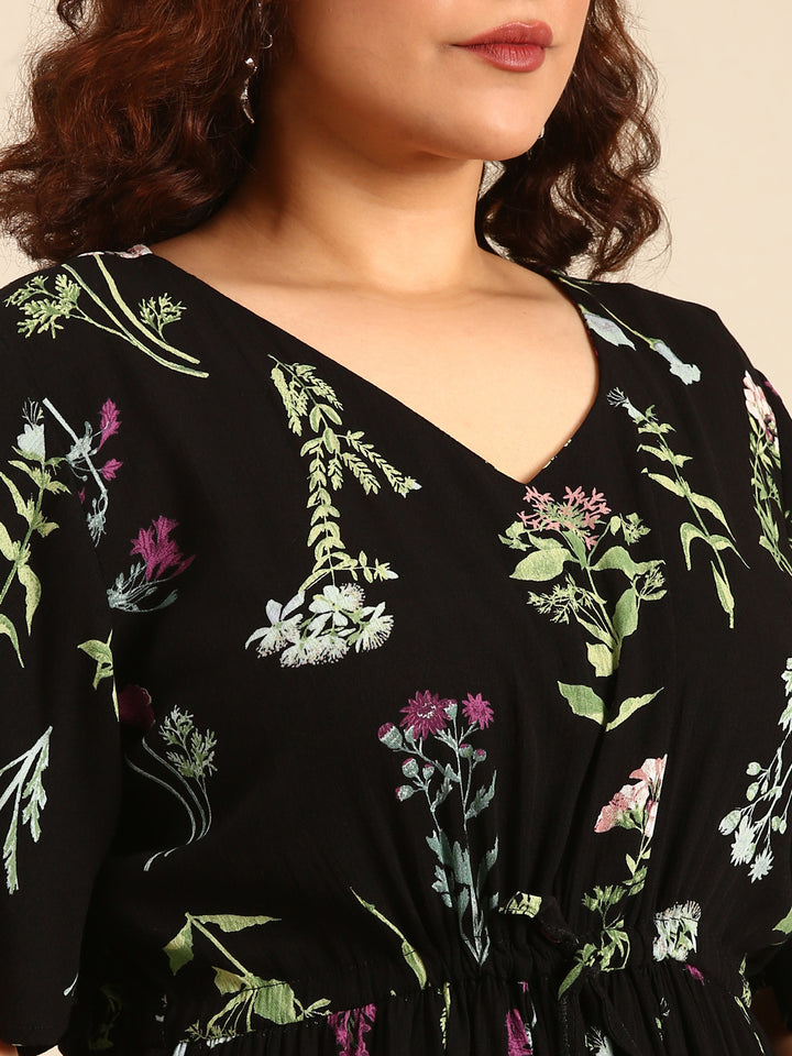 Botanical Print Dress with Waist Tie