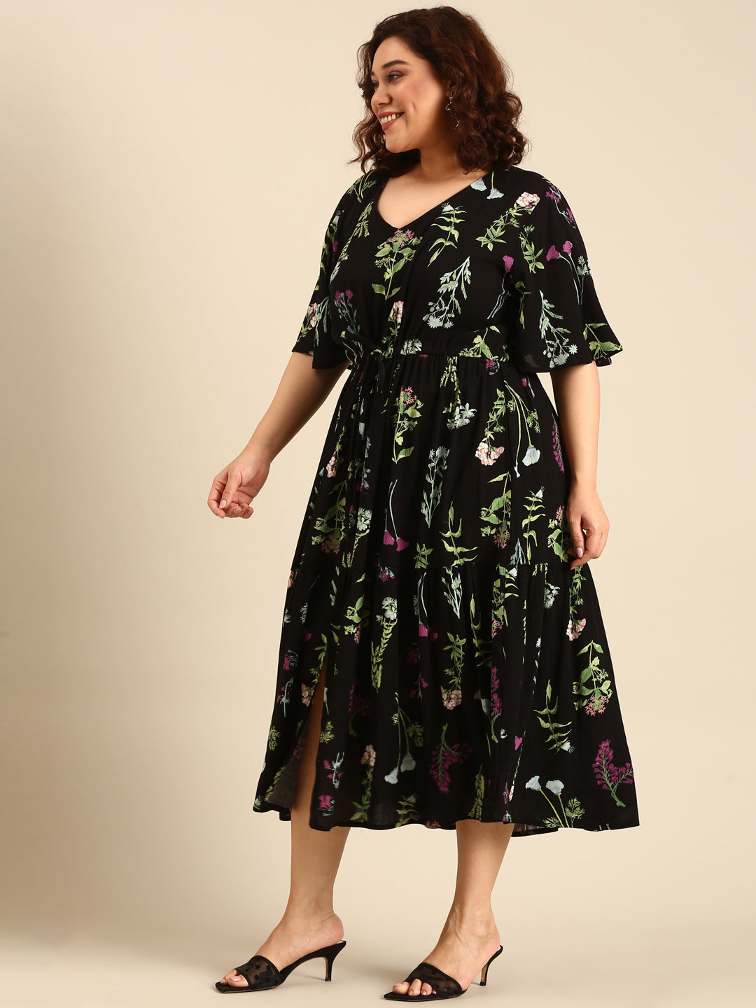 Botanical Print Dress with Waist Tie