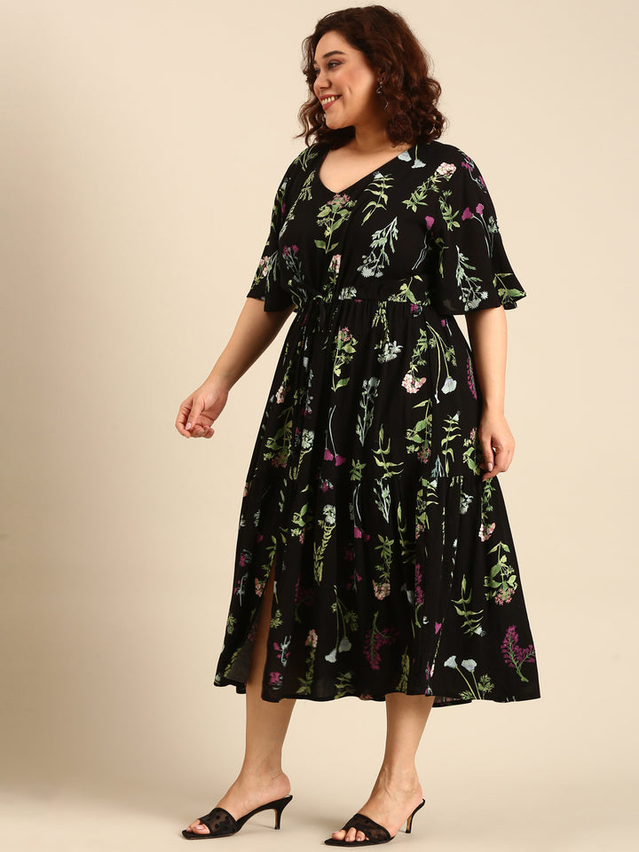 Botanical Print Dress with Waist Tie
