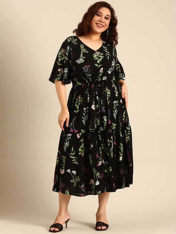 Botanical Print Dress with Waist Tie