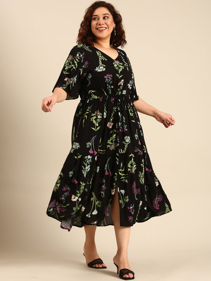 Botanical Print Dress with Waist Tie