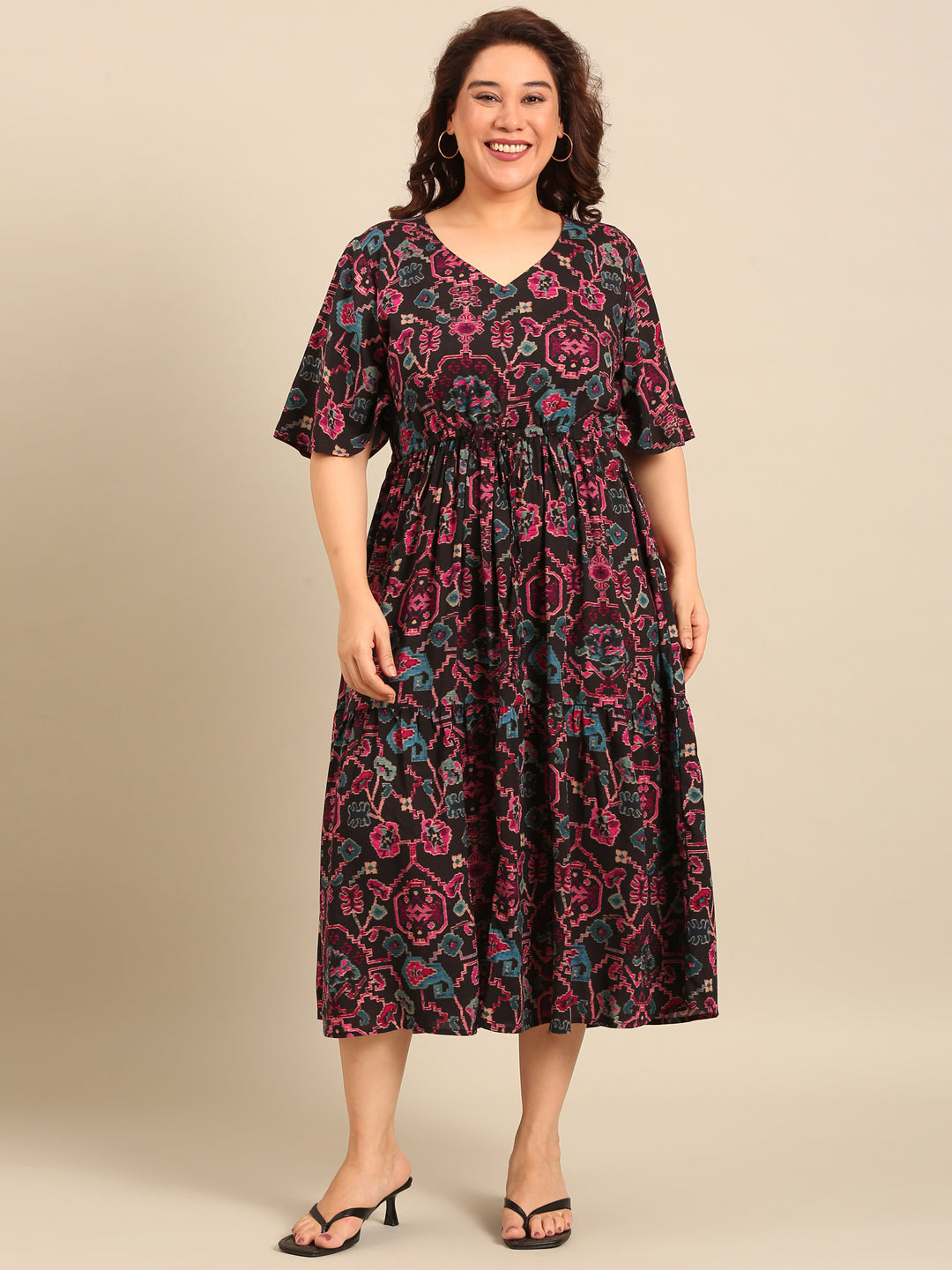 Black Ikkat Print Dress with Waist Tie