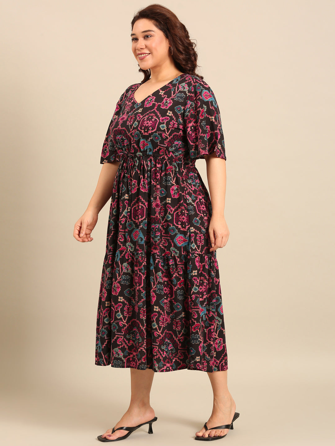 Black Ikkat Print Dress with Waist Tie