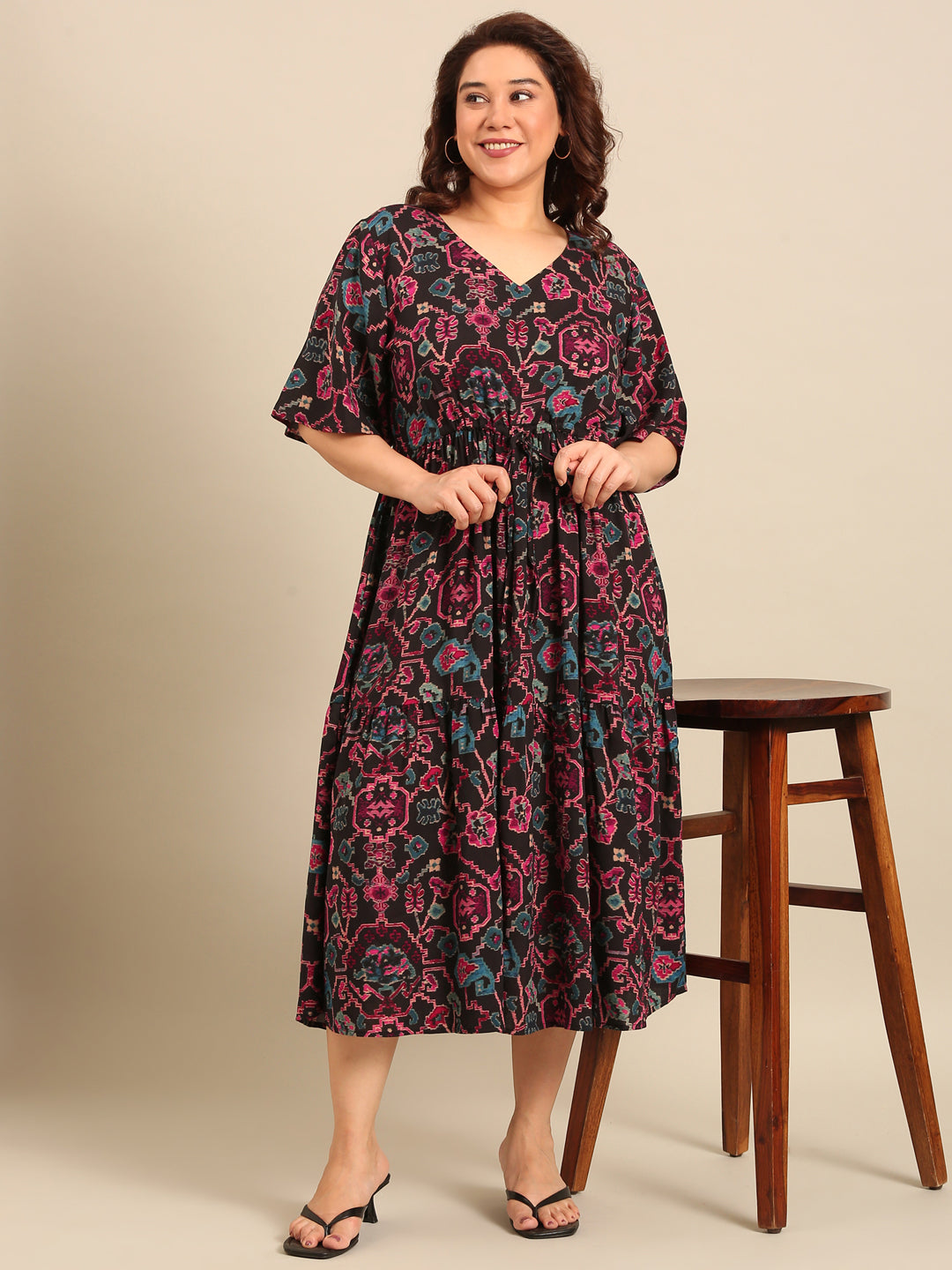 Black Ikkat Print Dress with Waist Tie