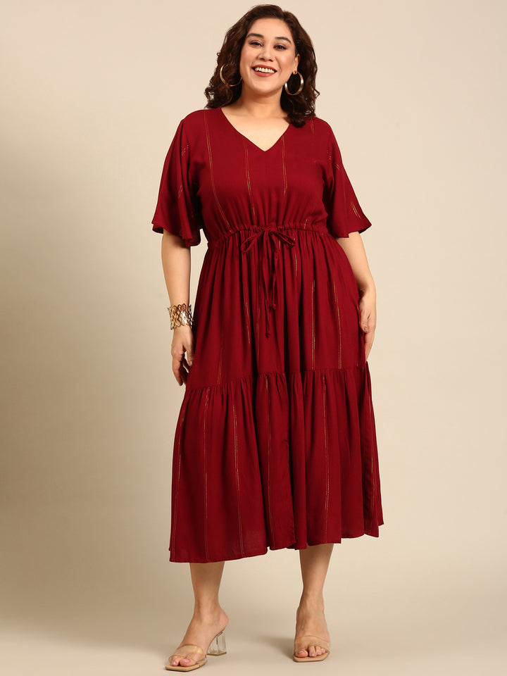 Maroon Lurex Maxi Dress with Waist Tie