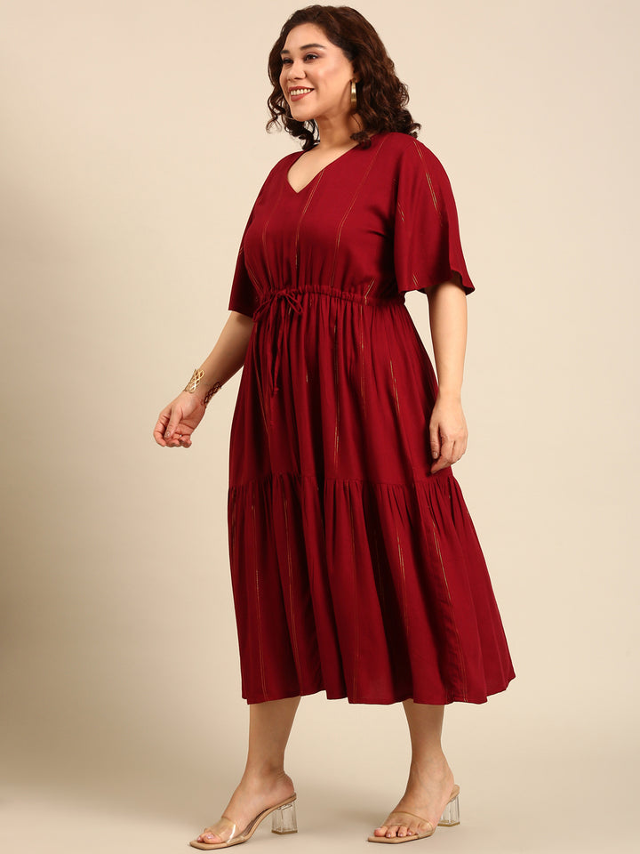 Maroon Lurex Maxi Dress with Waist Tie