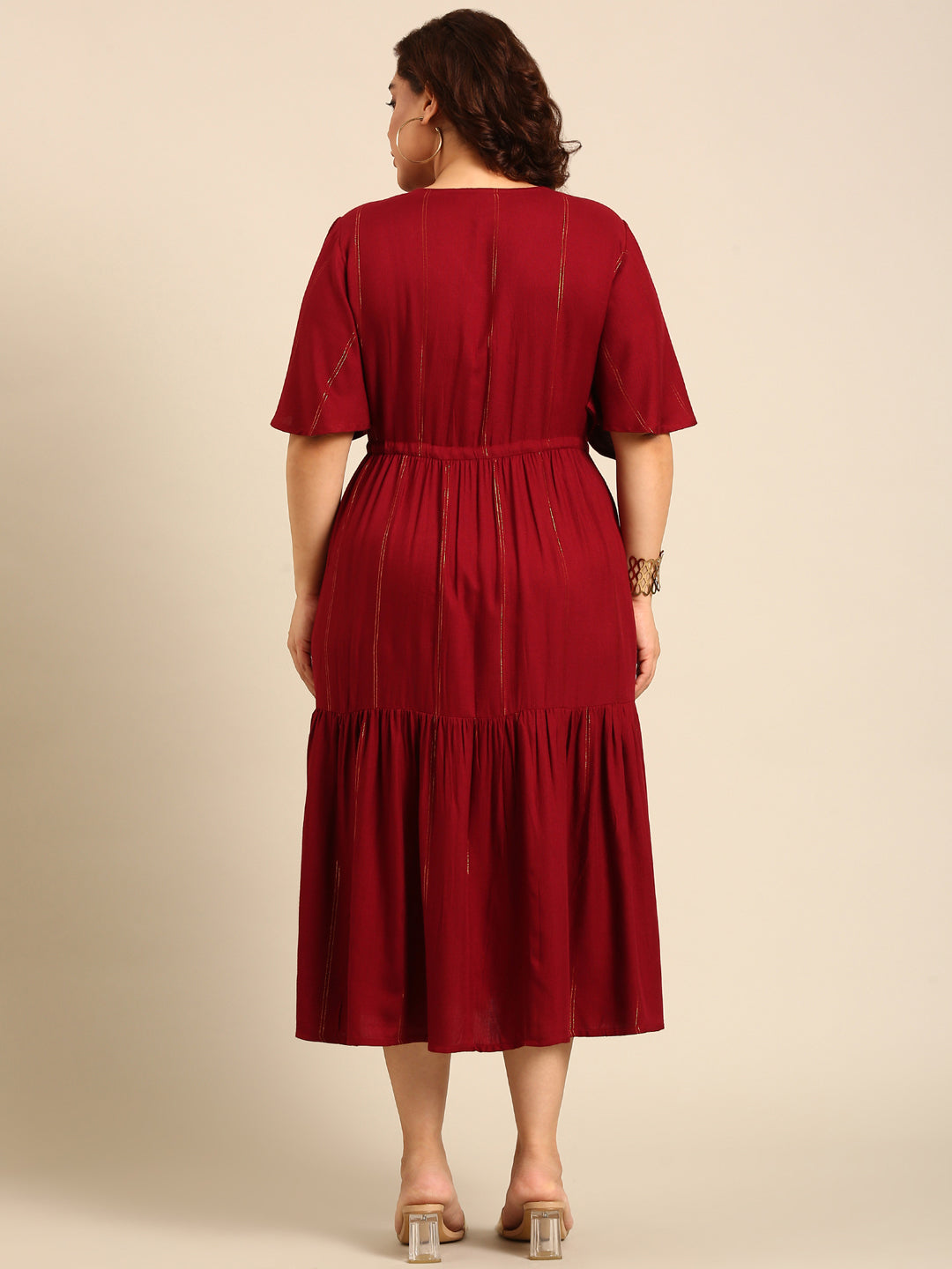 Maroon Lurex Maxi Dress with Waist Tie