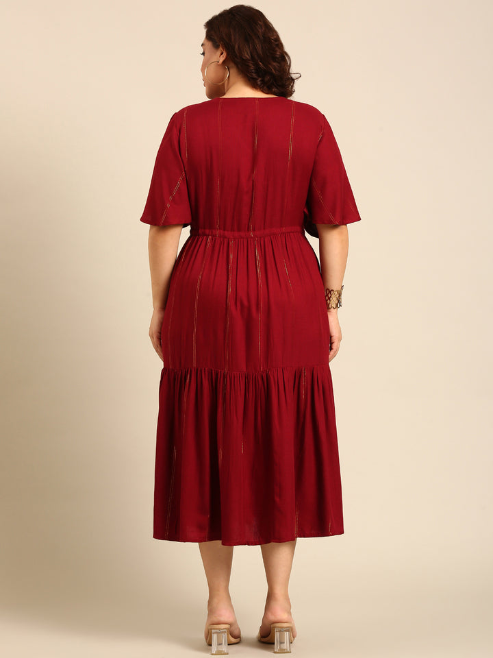 Maroon Lurex Maxi Dress with Waist Tie