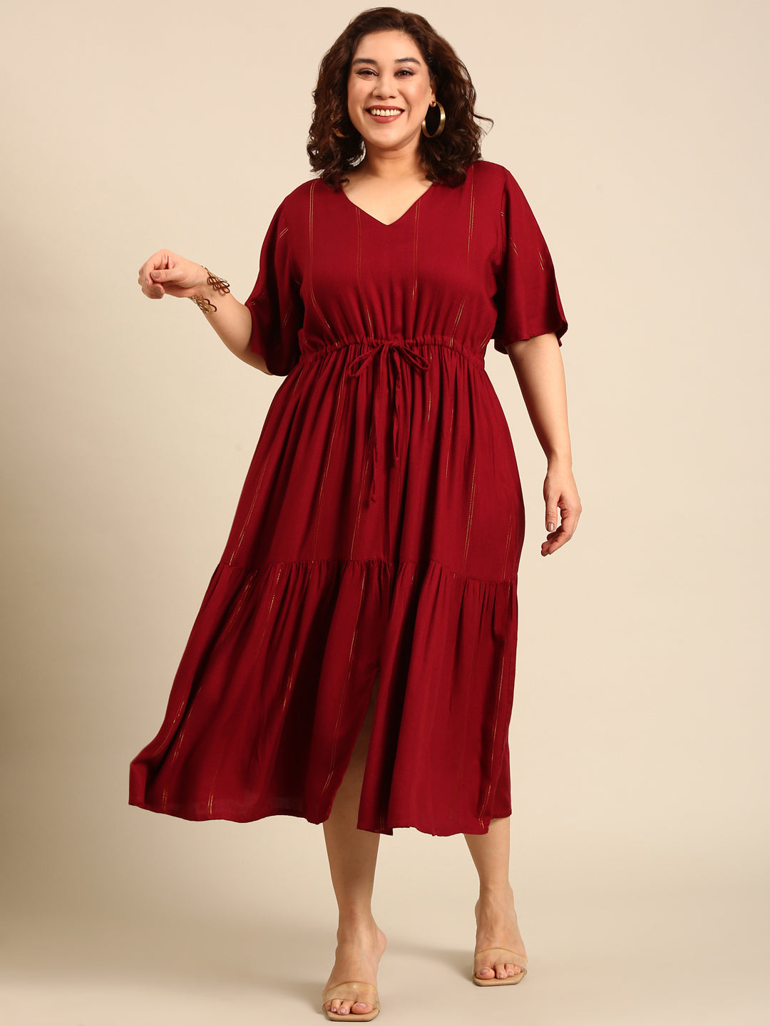 Maroon Lurex Maxi Dress with Waist Tie