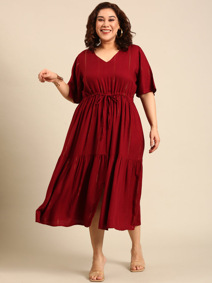 Maroon Lurex Maxi Dress with Waist Tie