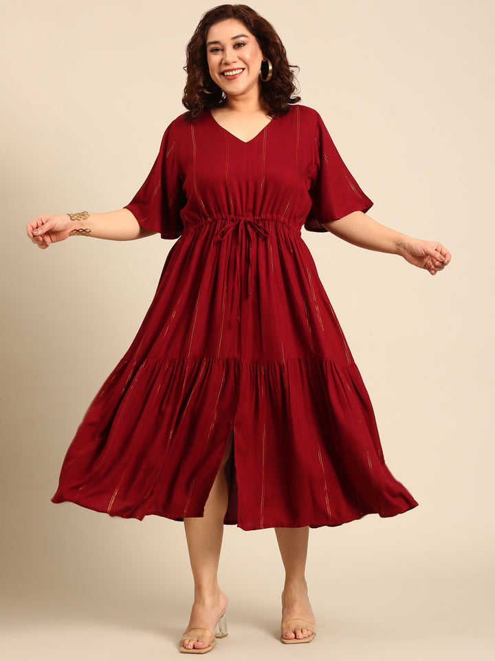 Maroon Lurex Maxi Dress with Waist Tie