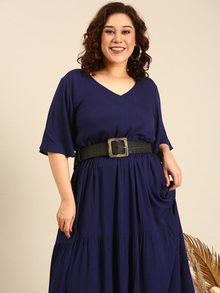 Solid Navy Tie-Up Dress And Belt Combo