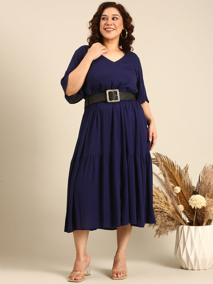Solid Navy Tie-Up Dress And Belt Combo