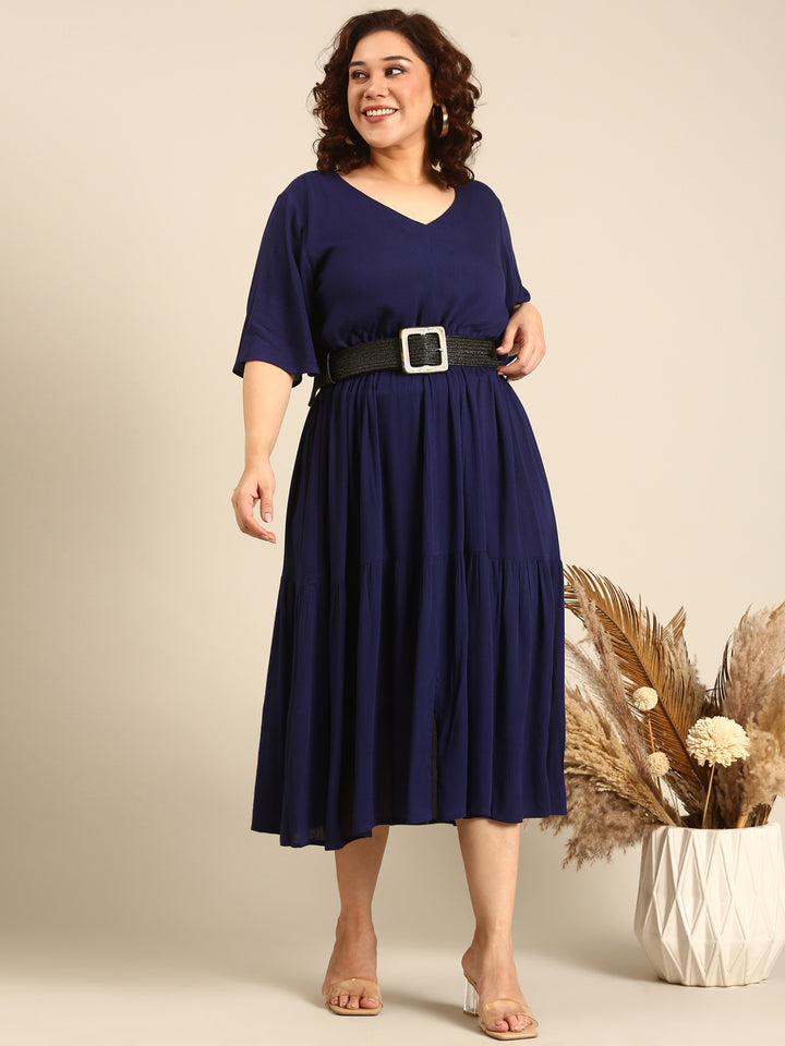 Solid Navy Tie-Up Dress And Belt Combo