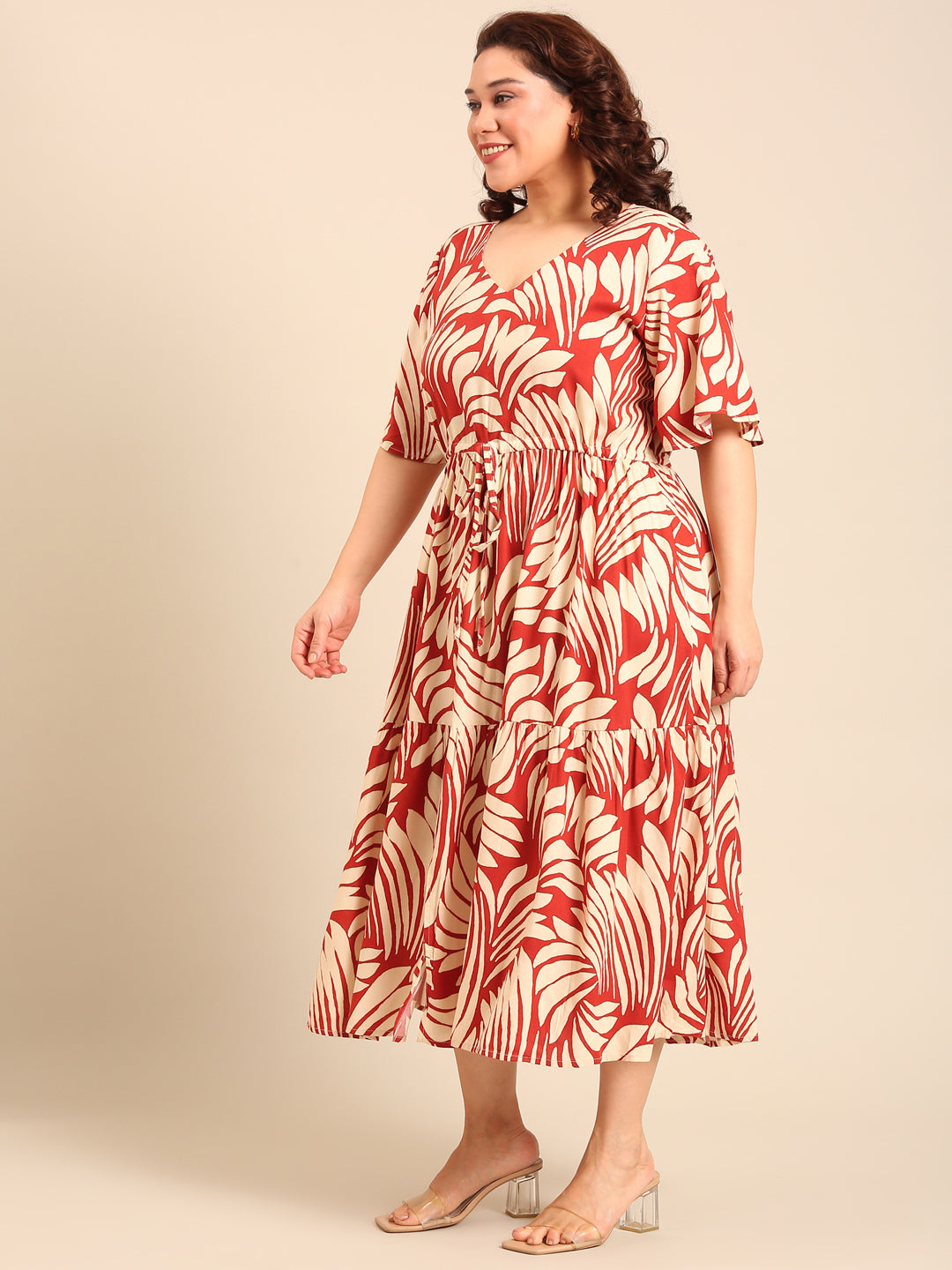 Rust Leaf Print Midi Dress with Waist Tie