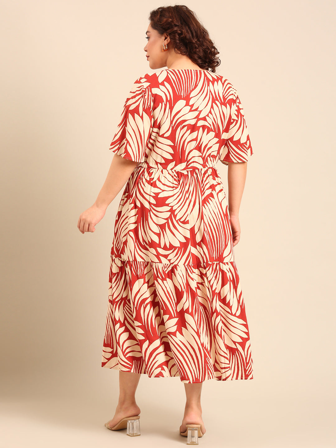Rust Leaf Print Midi Dress with Waist Tie