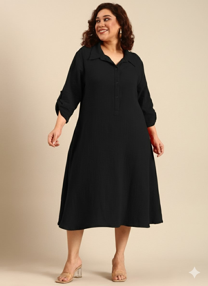 Black Cotton A-Line Dress