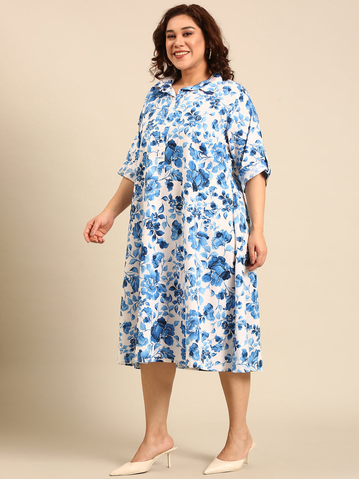 Cotton Floral Print A-Line Dress