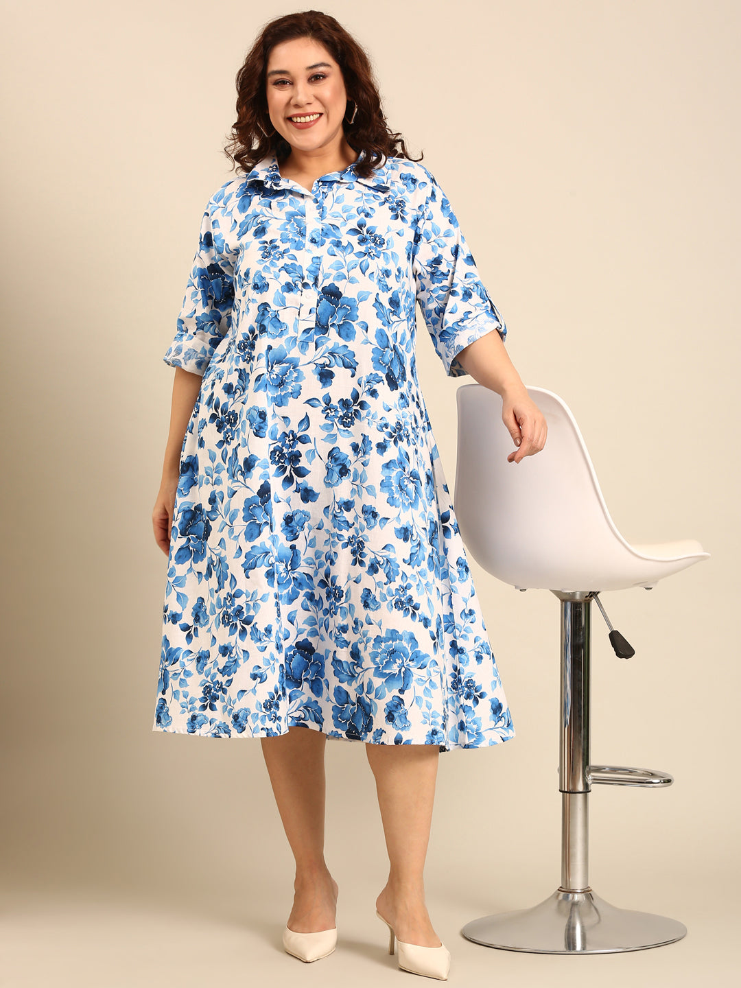 Cotton Floral Print A-Line Dress
