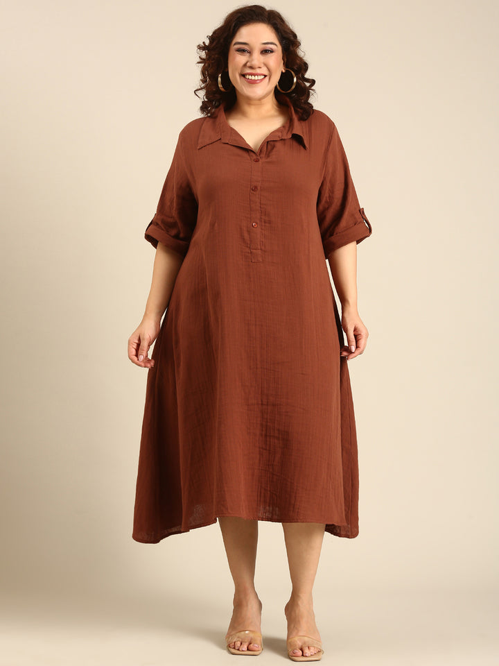 Brown Cotton A-Line Dress