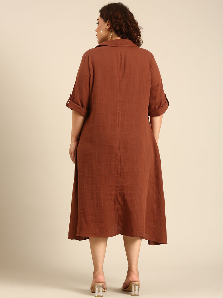 Brown Cotton A-Line Dress