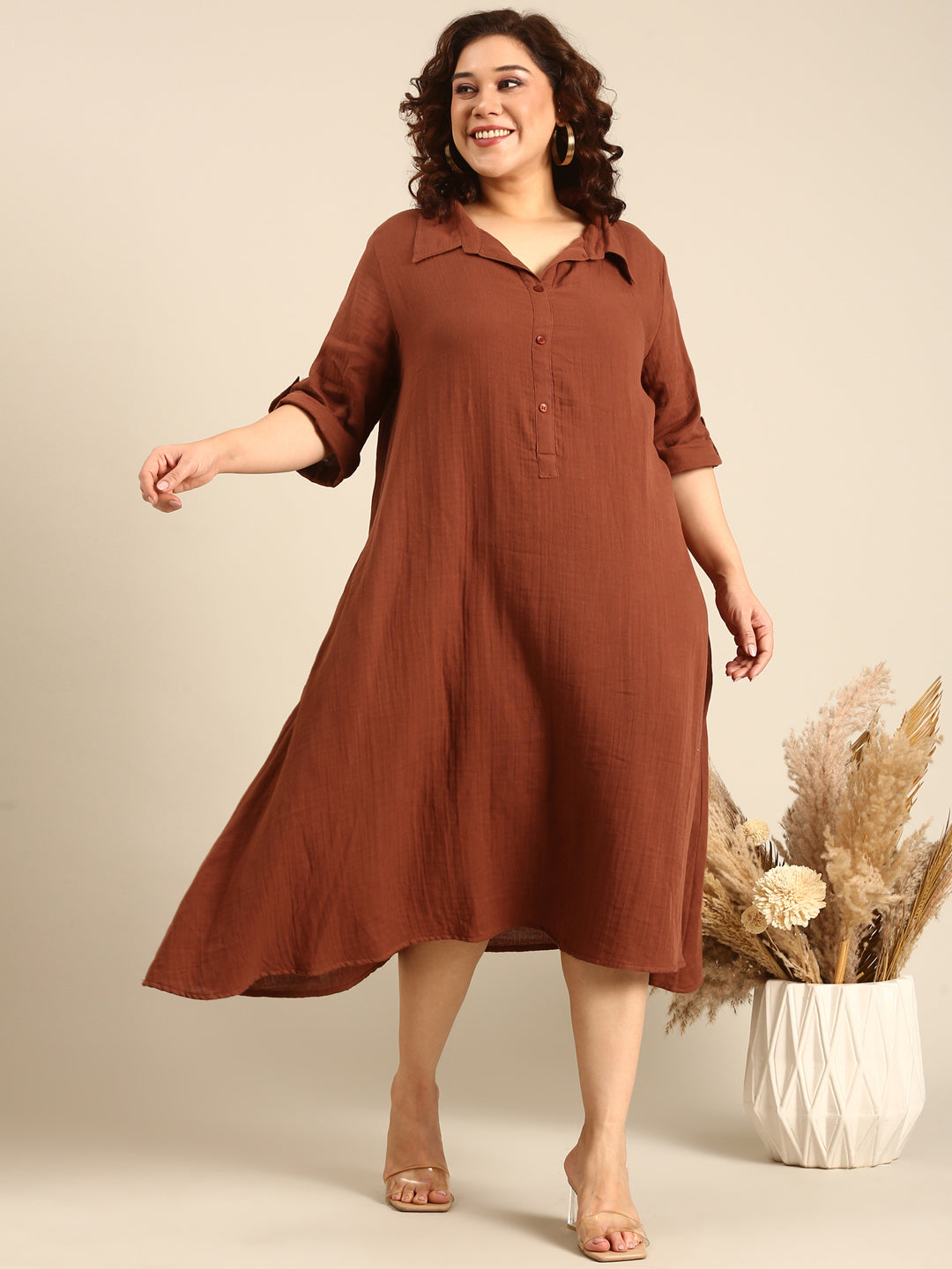 Brown Cotton A-Line Dress