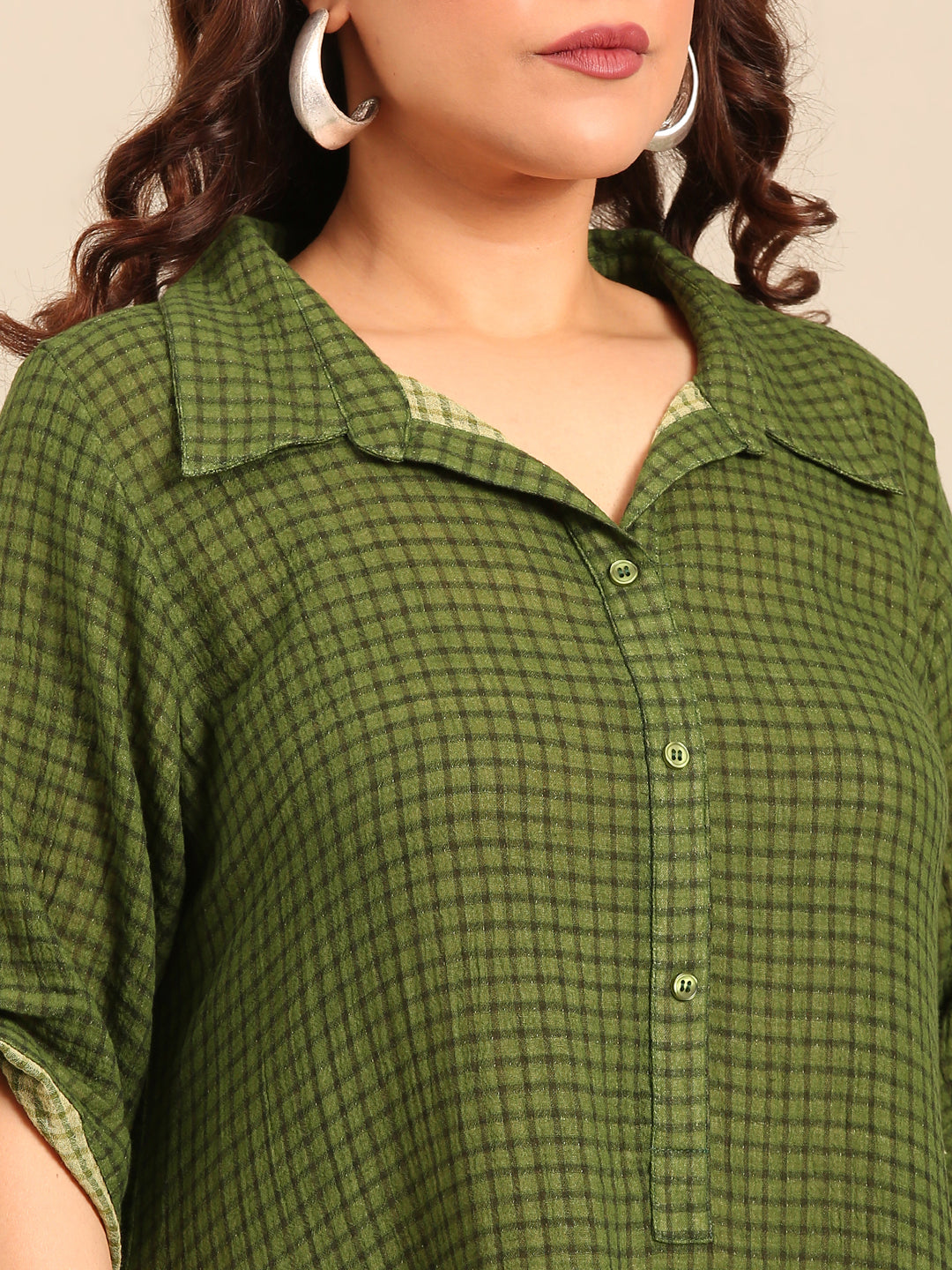 Green Check Cotton A-Line Shirt Dress
