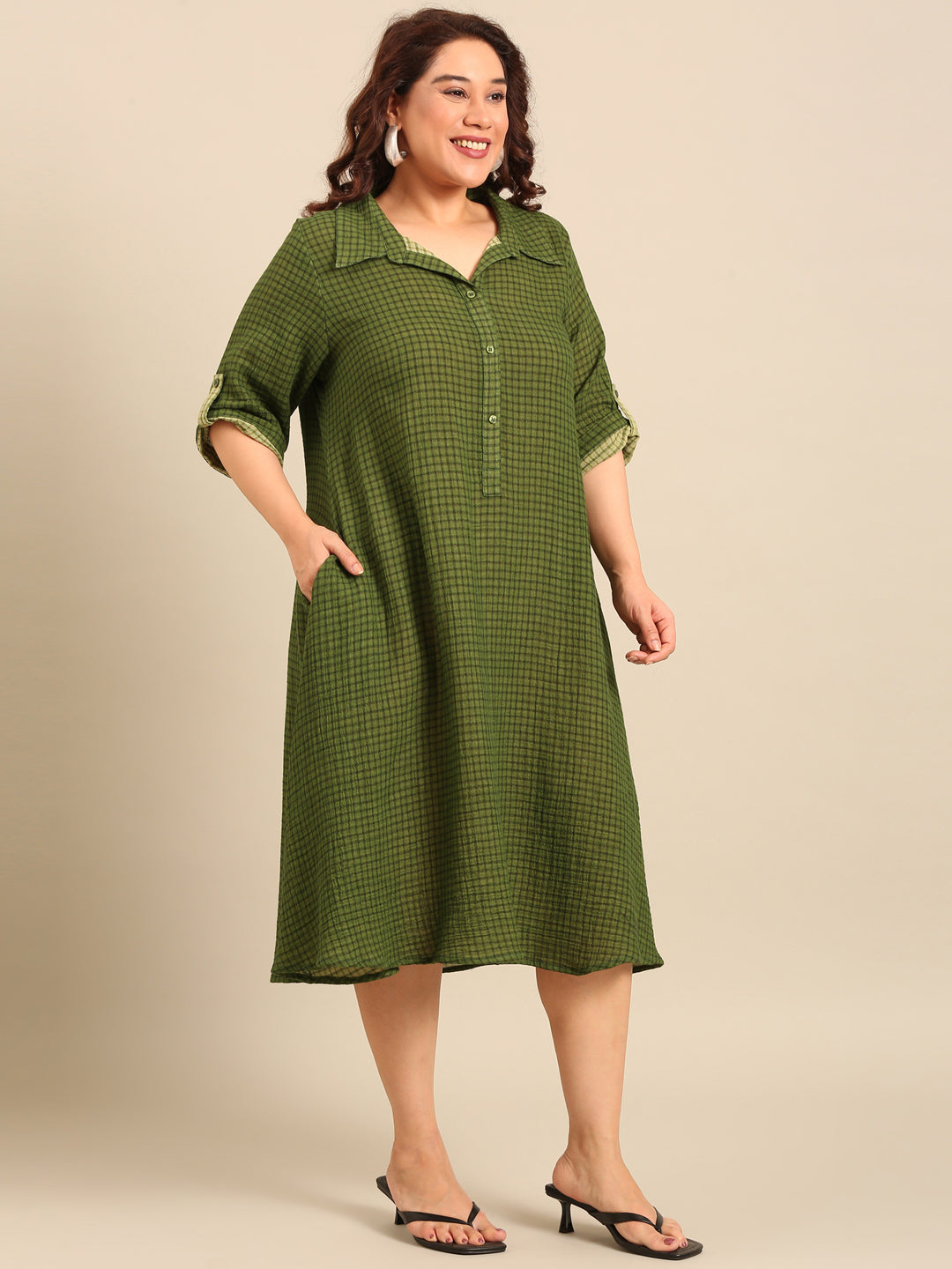 Green Check Cotton A-Line Shirt Dress