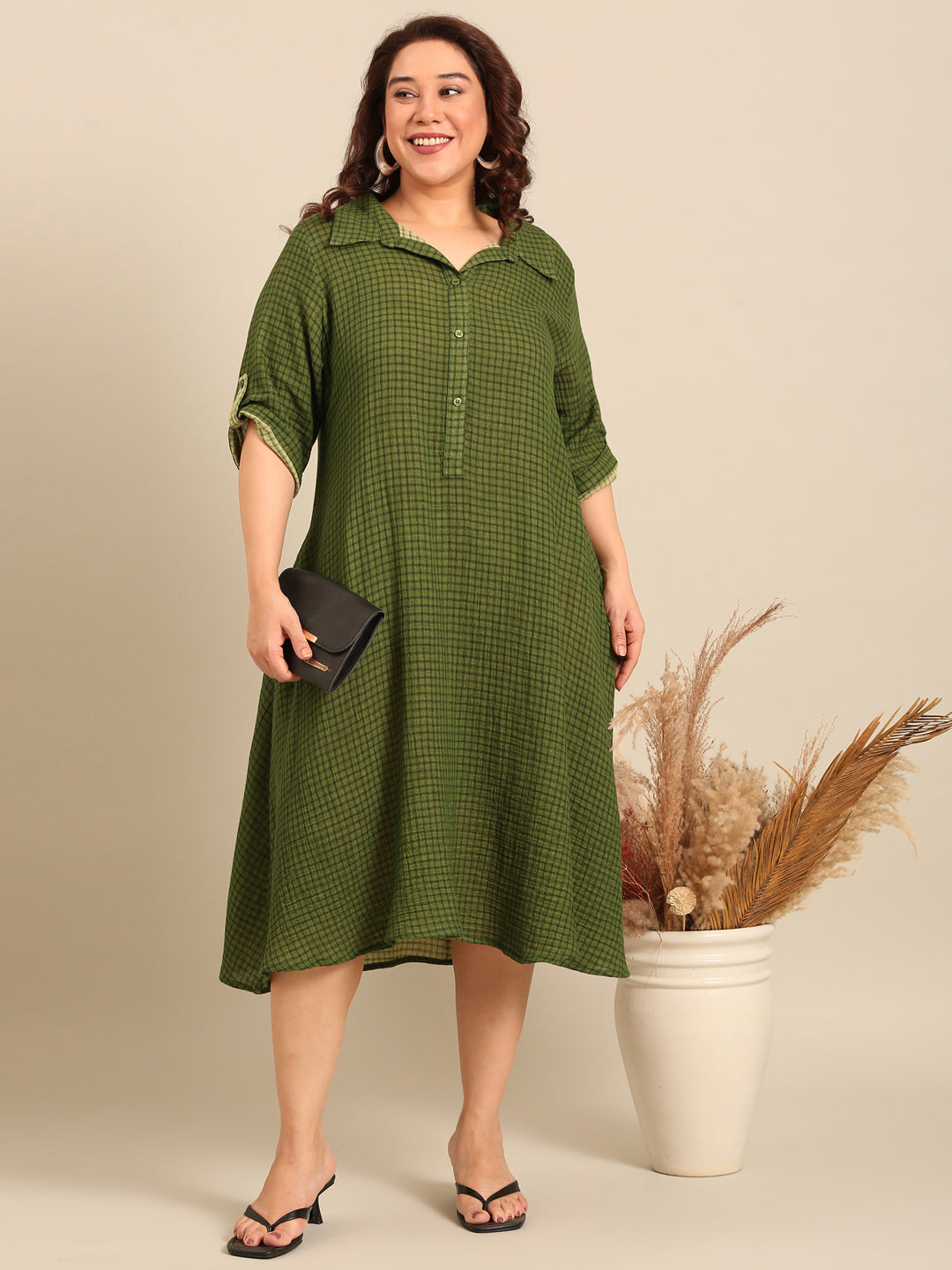 Green Check Cotton A-Line Shirt Dress