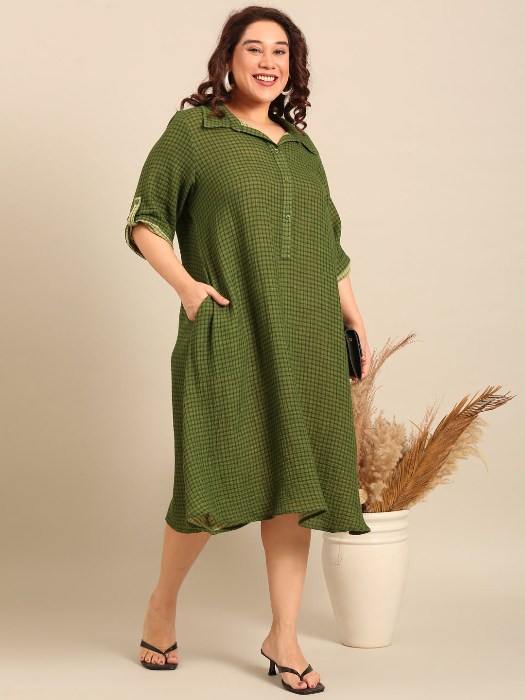 Green Check Cotton A-Line Shirt Dress