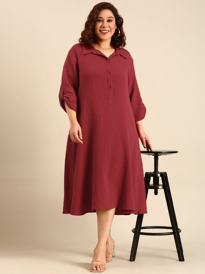 Red Cotton A-Line Shirt Dress
